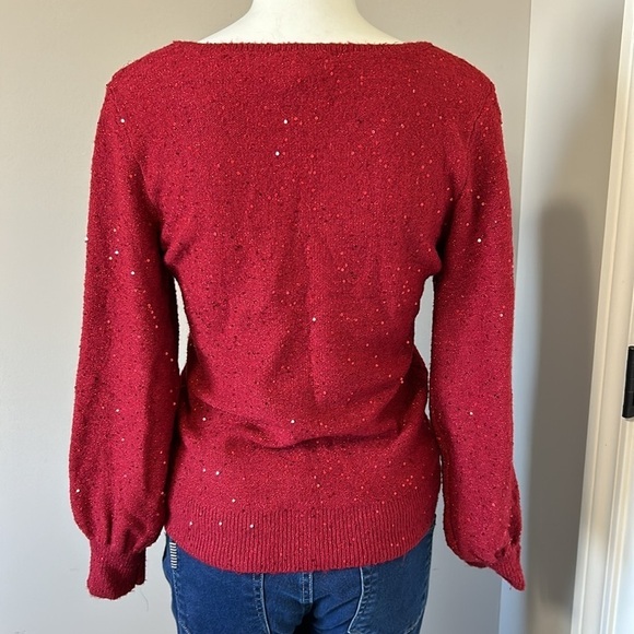 White House Black Market Sequin V-Neck Pullover Red Holiday Sz XS - Picture 6 of 10